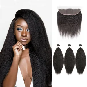 13x6 Frontal with 3 Human Hair Weave Bundles Yaki Straight 100% Unprocessed Virgin Human Hair