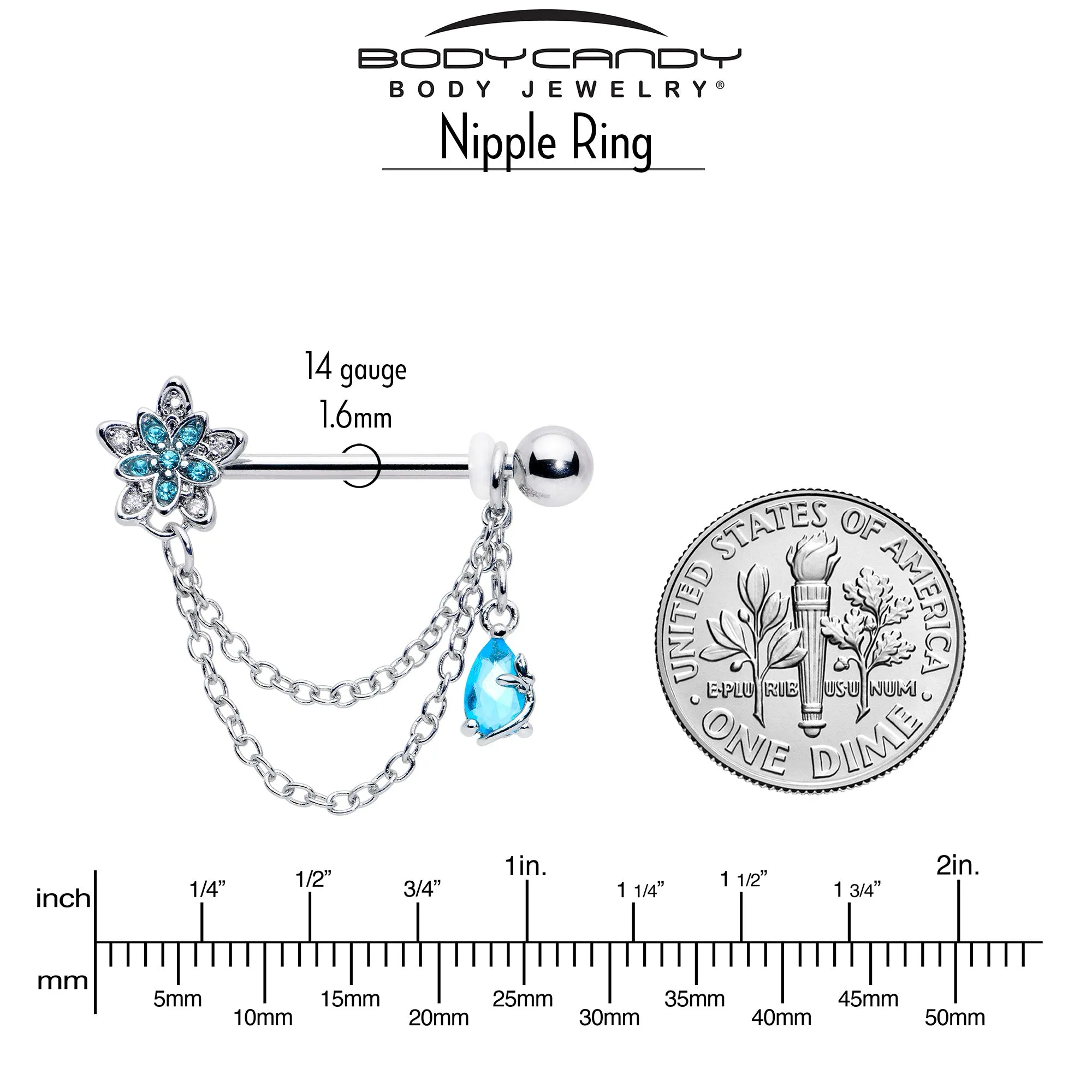 14 Gauge 9/16 Blue CZ Gem Snowflake Flower Chain Dangle Nipple Ring Set