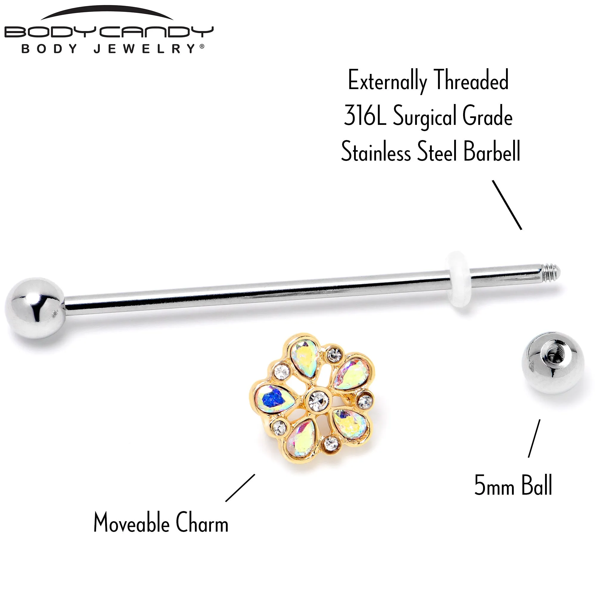 14 Gauge Aurora Gem Filigree Flower Fantasy Industrial Barbell 38mm
