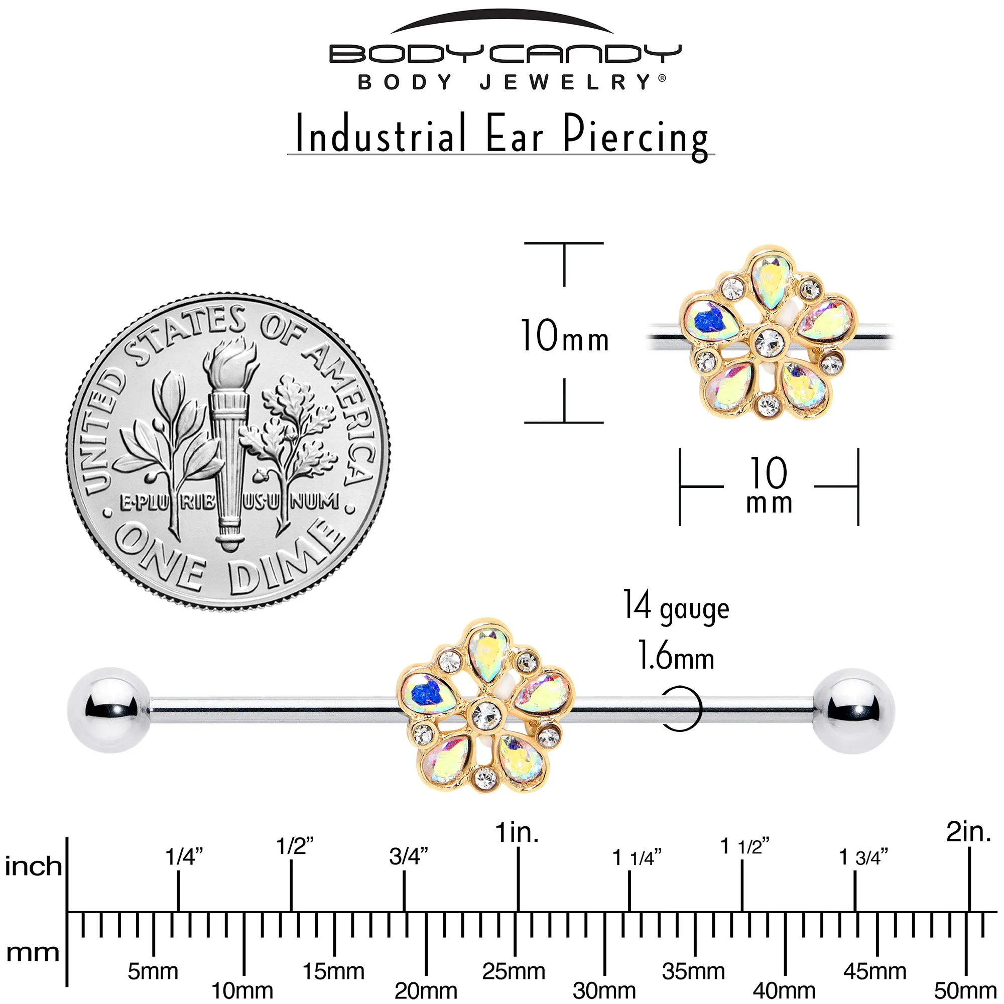 14 Gauge Aurora Gem Filigree Flower Fantasy Industrial Barbell 38mm