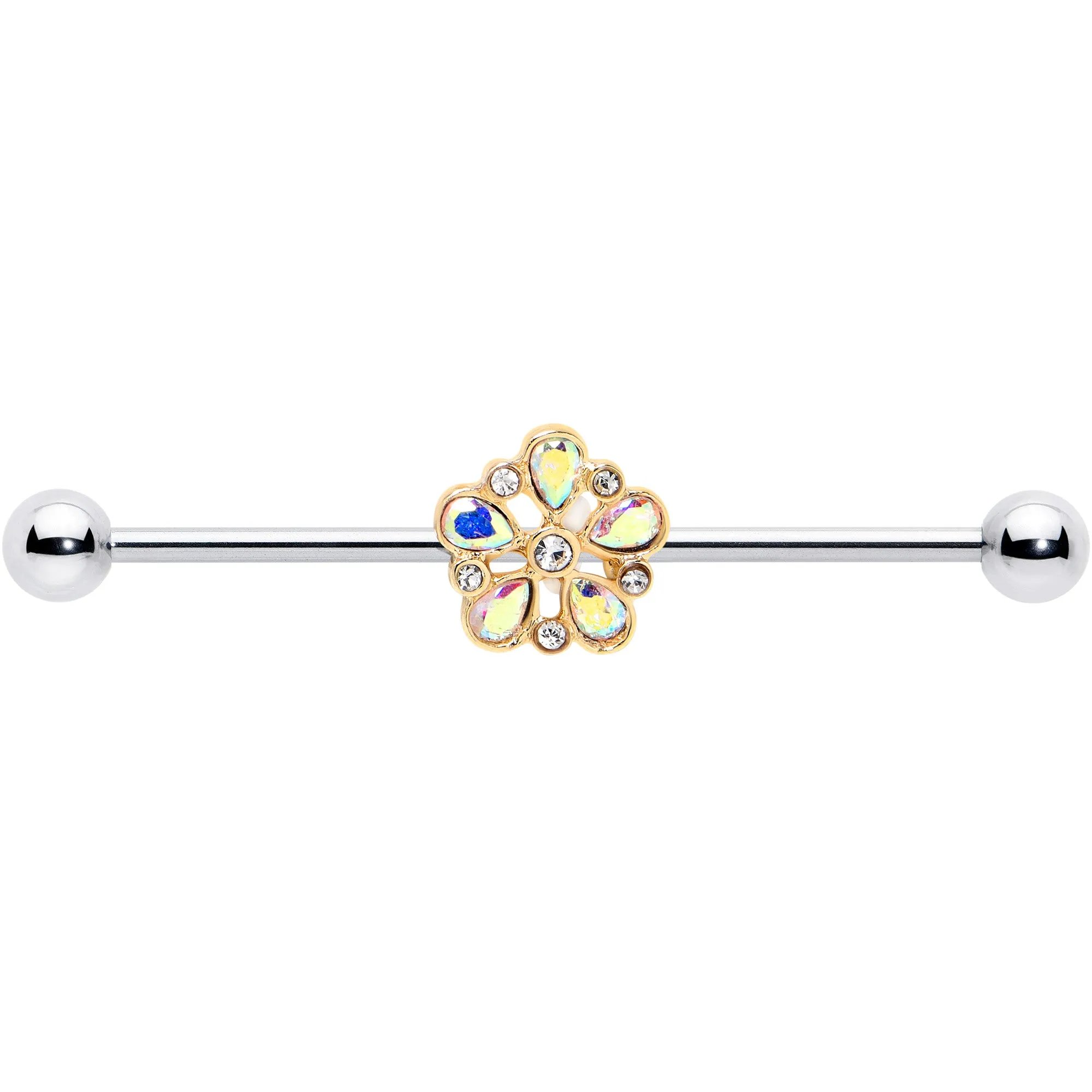 14 Gauge Aurora Gem Filigree Flower Fantasy Industrial Barbell 38mm