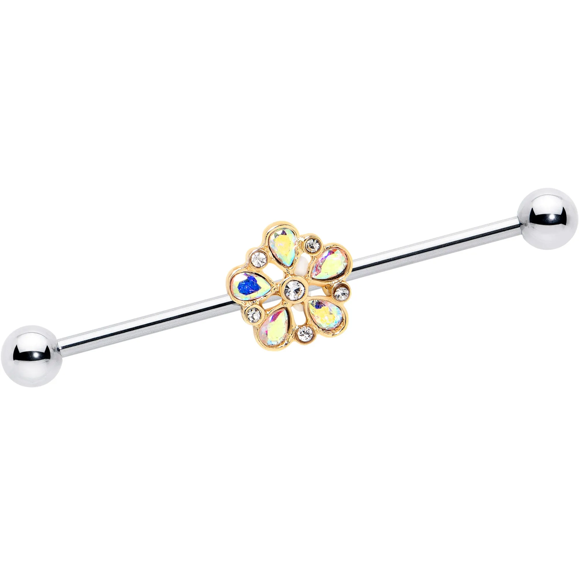 14 Gauge Aurora Gem Filigree Flower Fantasy Industrial Barbell 38mm