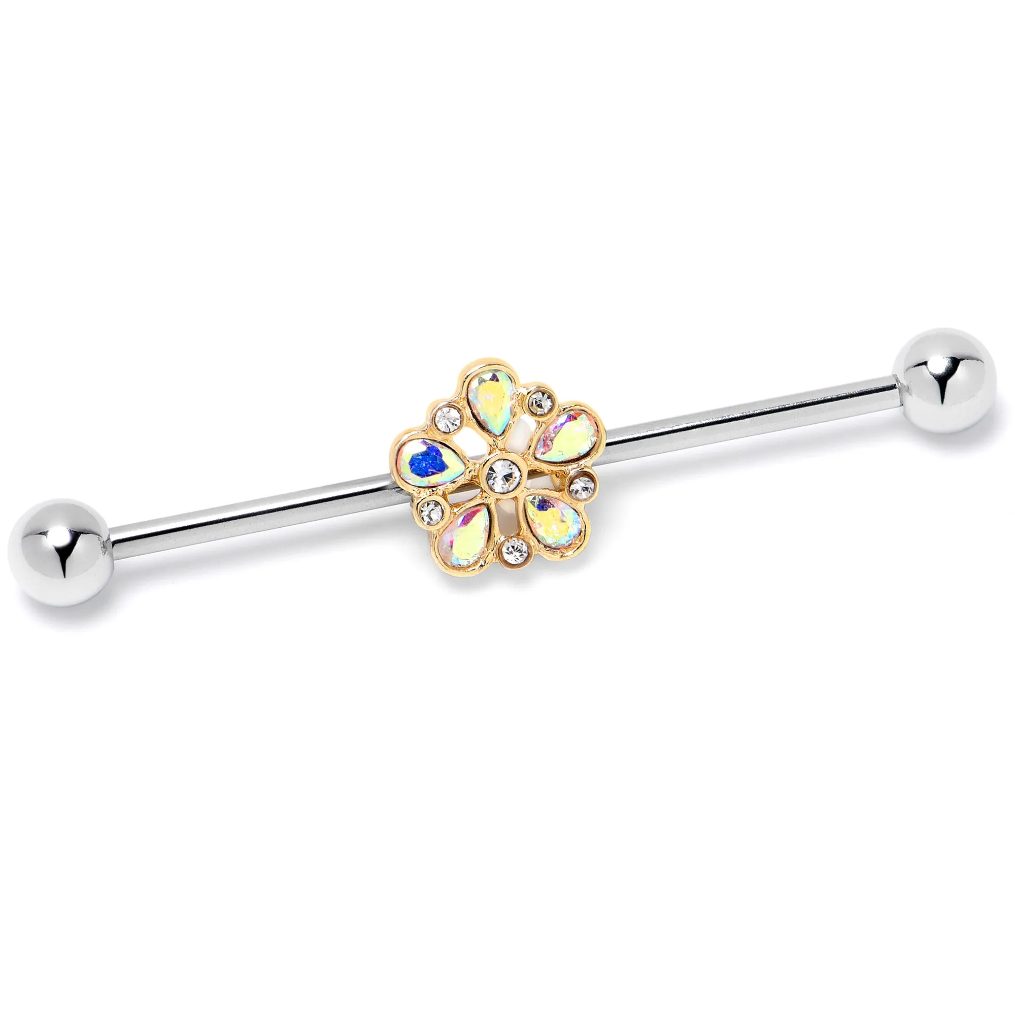 14 Gauge Aurora Gem Filigree Flower Fantasy Industrial Barbell 38mm
