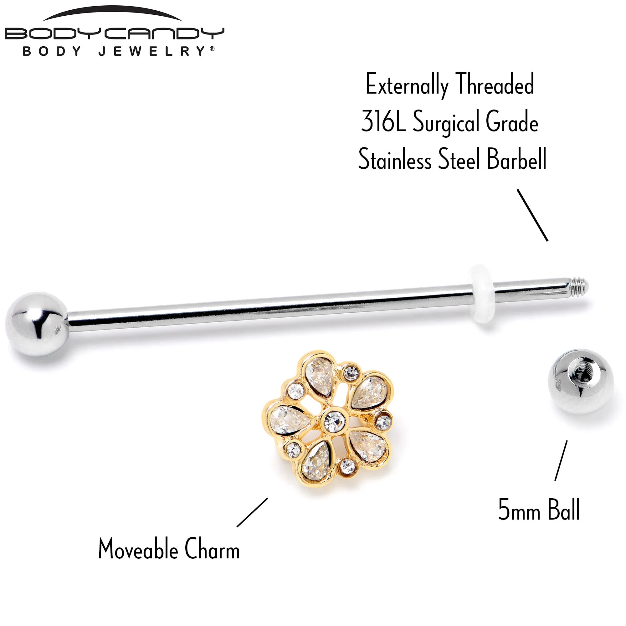 14 Gauge Clear Gem Filigree Flower Fantasy Industrial Barbell 38mm
