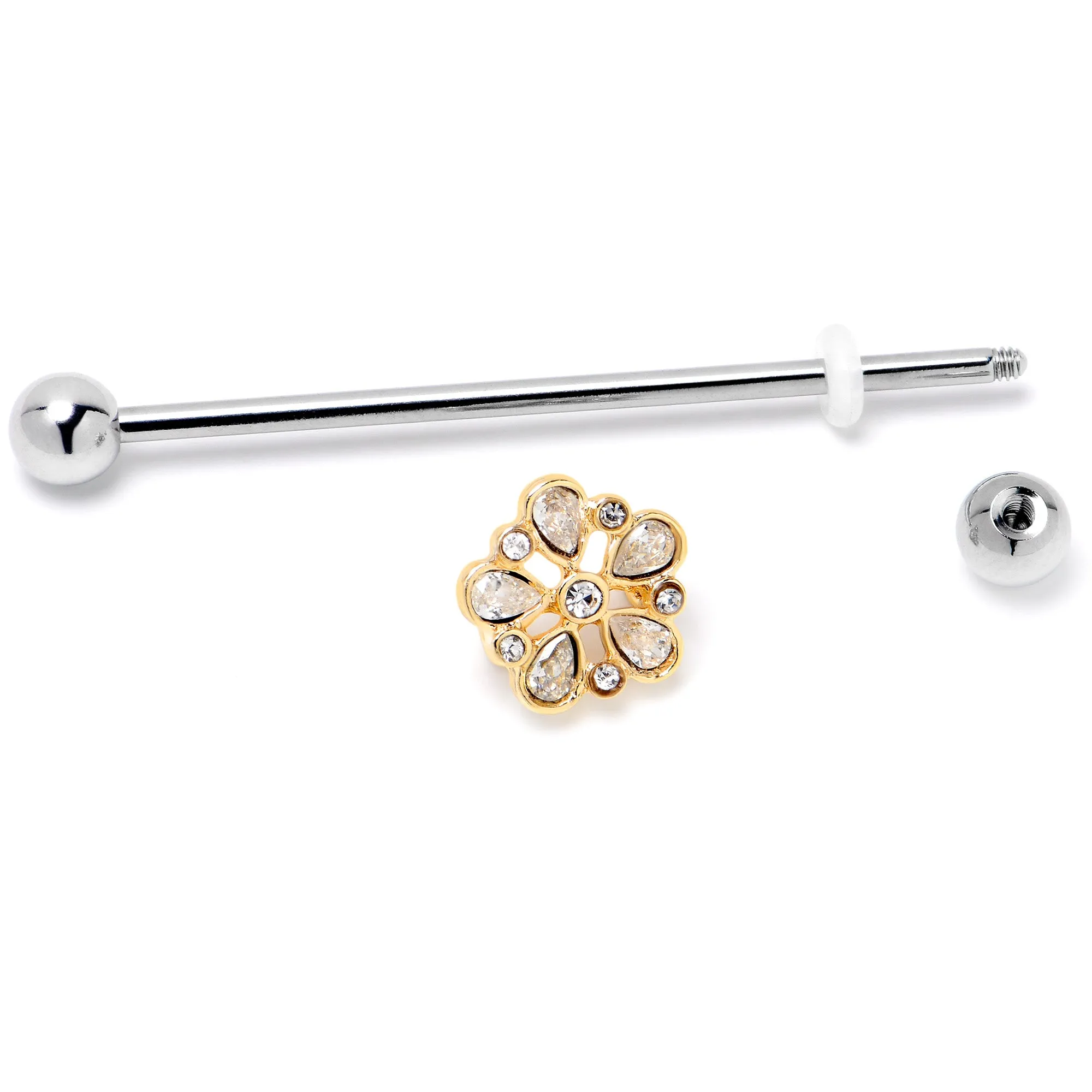 14 Gauge Clear Gem Filigree Flower Fantasy Industrial Barbell 38mm