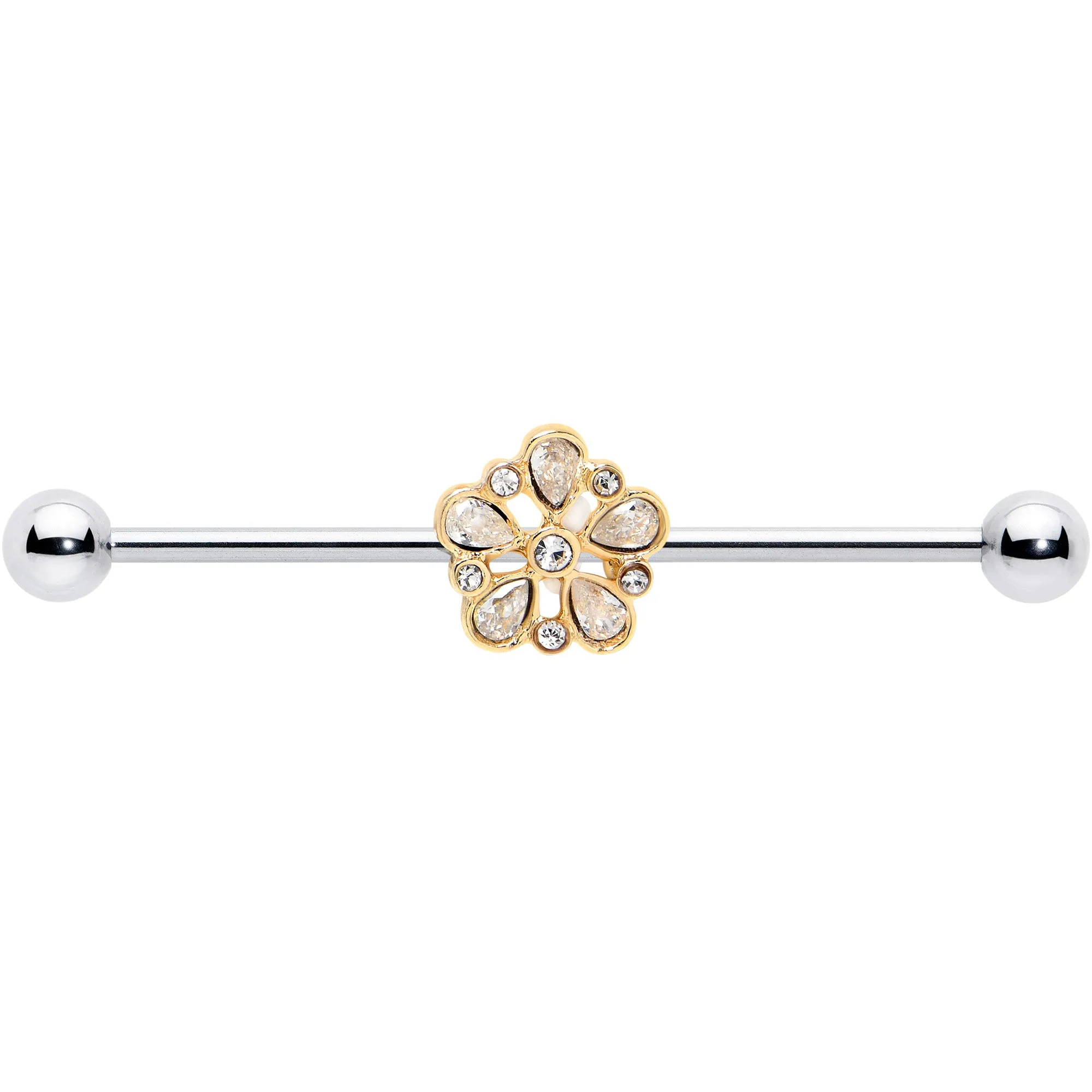 14 Gauge Clear Gem Filigree Flower Fantasy Industrial Barbell 38mm