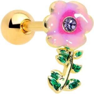16 Gauge 1/4 Purple Gem Gold Tone Pink Flower Cartilage Tragus Earring