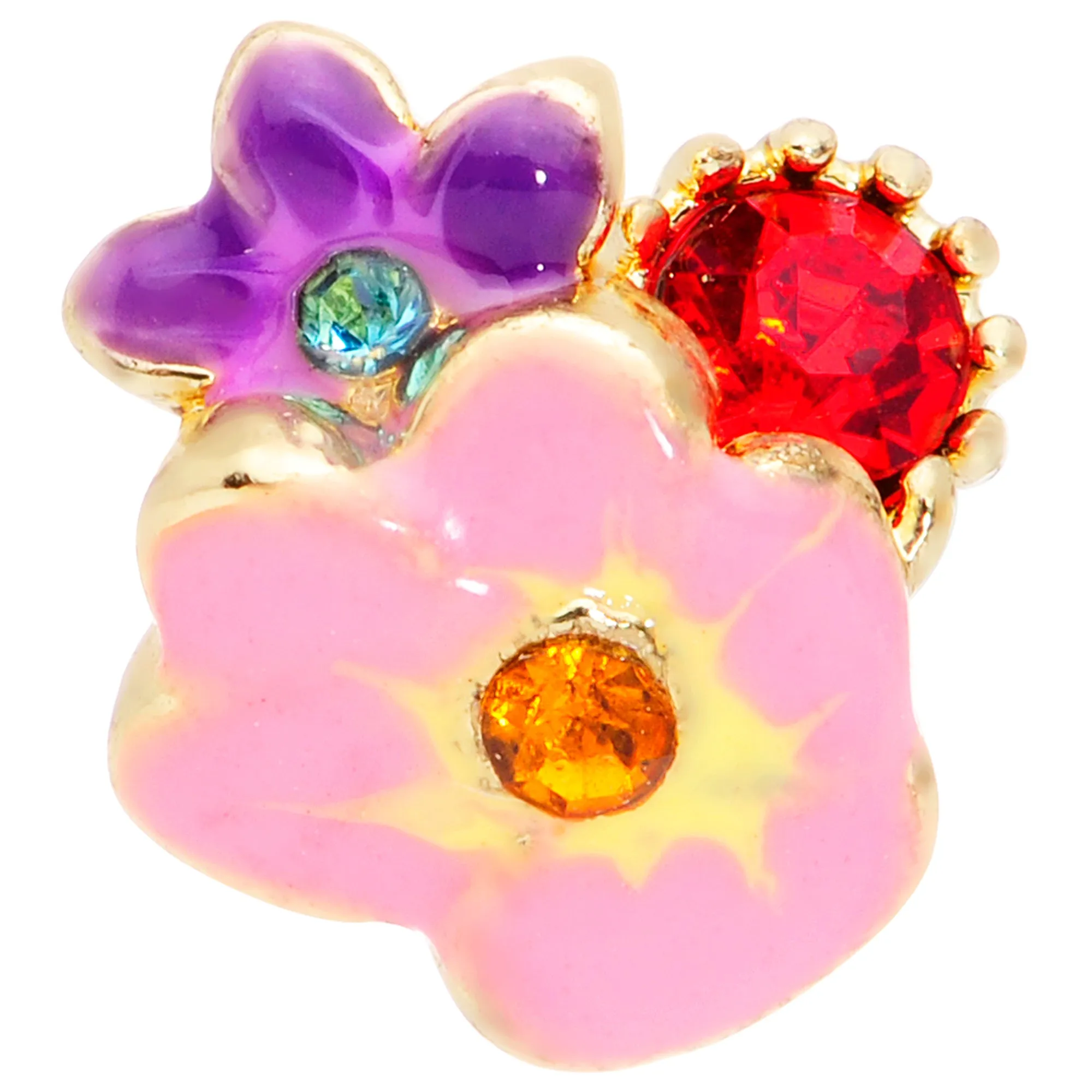 16 Gauge 1/4 Red Blue Gem Gold Tone Multi Flower Cartilage Tragus