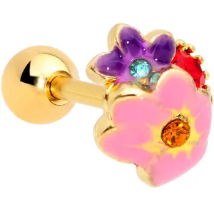 16 Gauge 1/4 Red Blue Gem Gold Tone Multi Flower Cartilage Tragus