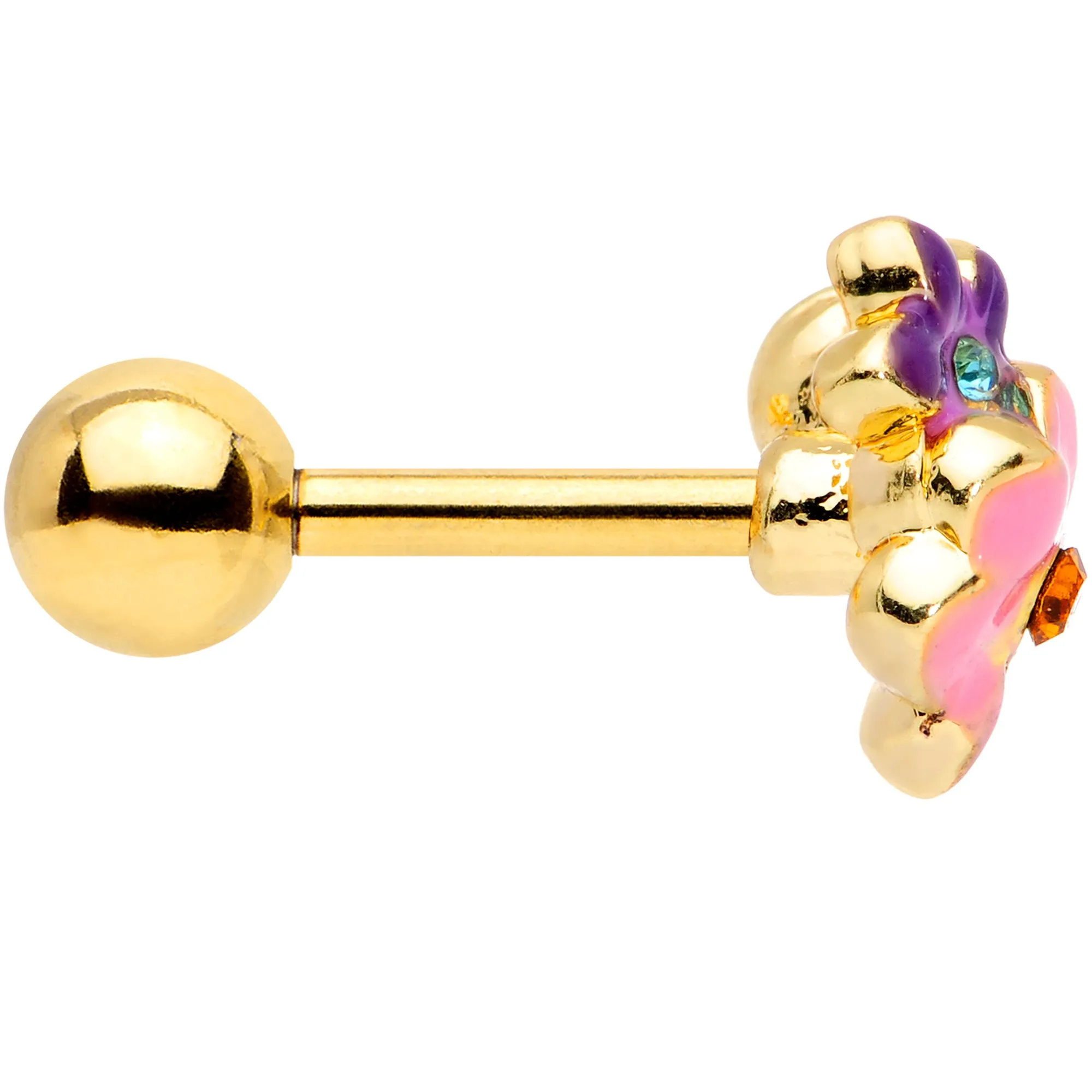 16 Gauge 1/4 Red Blue Gem Gold Tone Multi Flower Cartilage Tragus