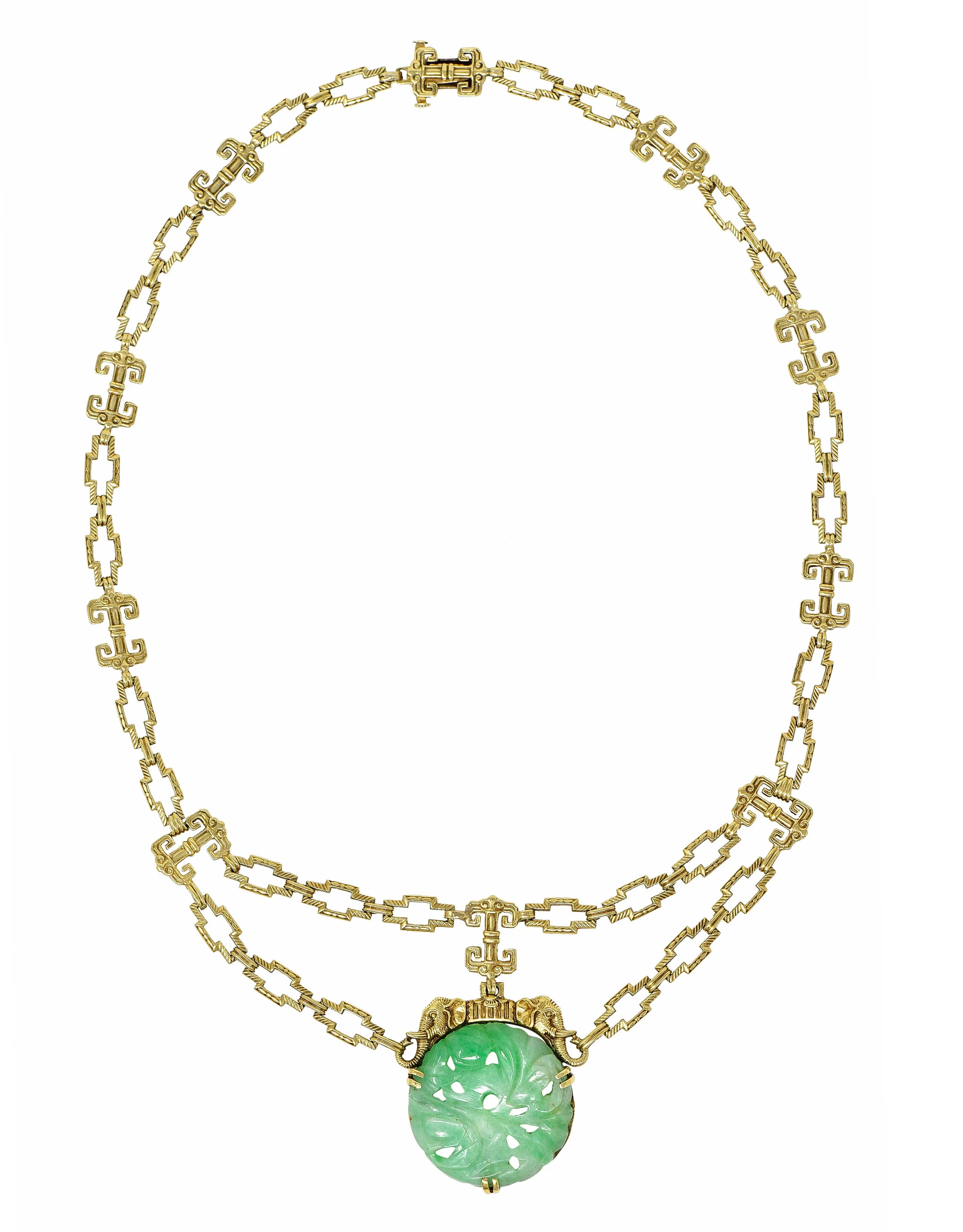 1920's Art Deco Carved Jade 14 Karat Gold Swag Necklace