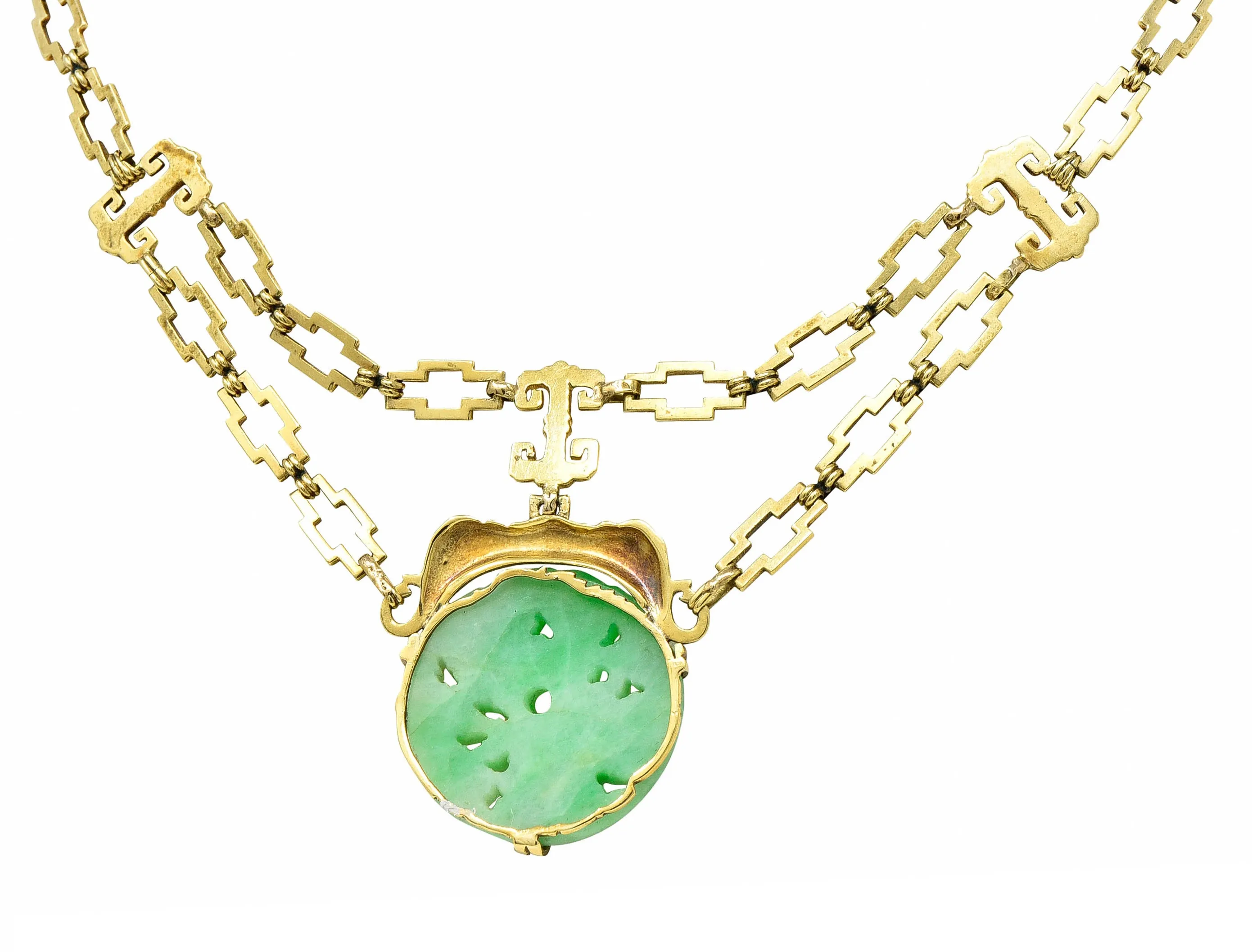1920's Art Deco Carved Jade 14 Karat Gold Swag Necklace