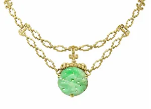 1920's Art Deco Carved Jade 14 Karat Gold Swag Necklace