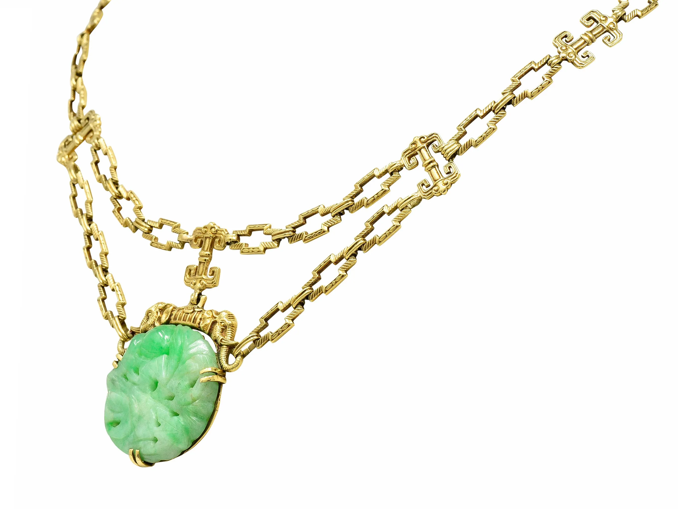1920's Art Deco Carved Jade 14 Karat Gold Swag Necklace