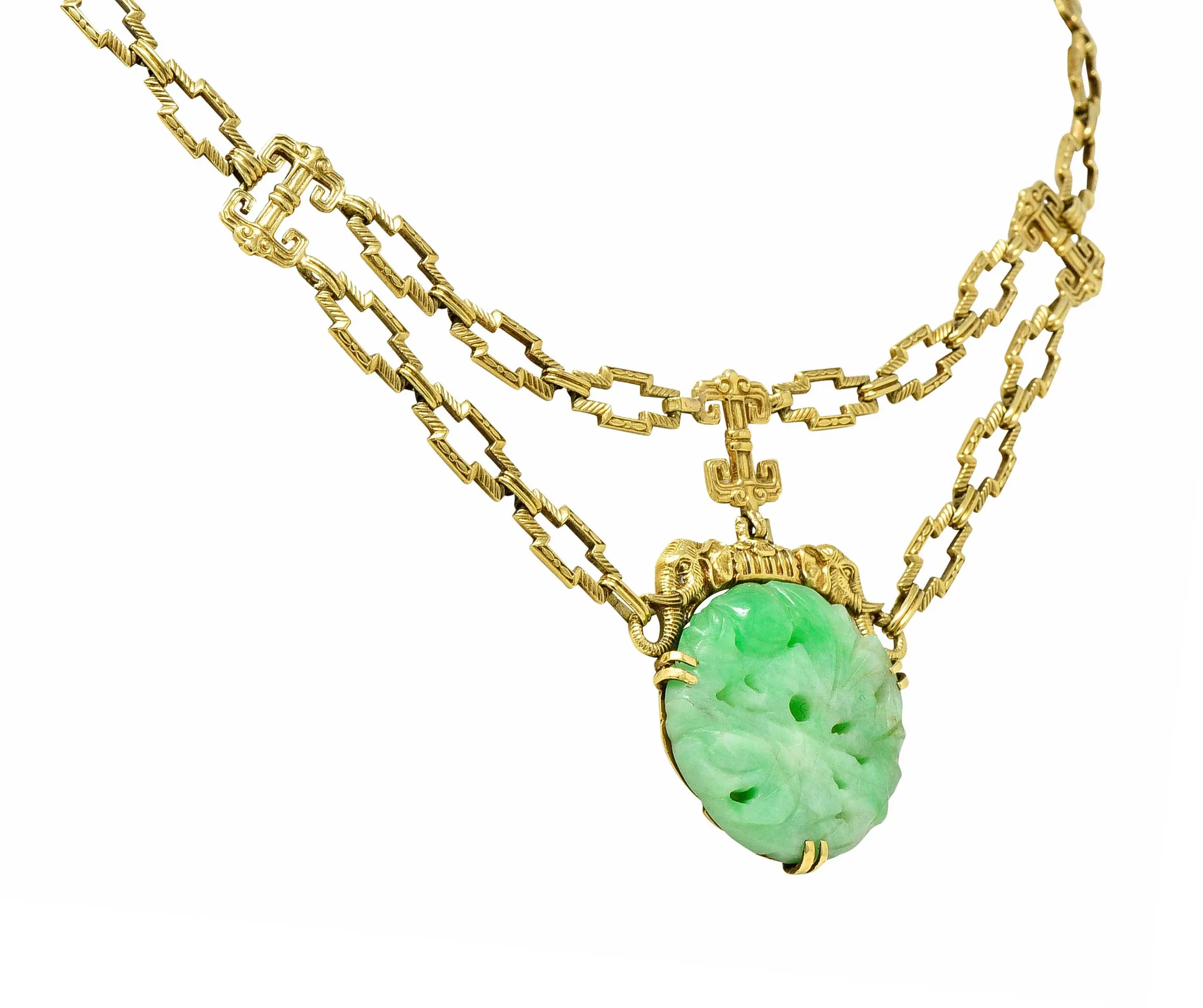 1920's Art Deco Carved Jade 14 Karat Gold Swag Necklace