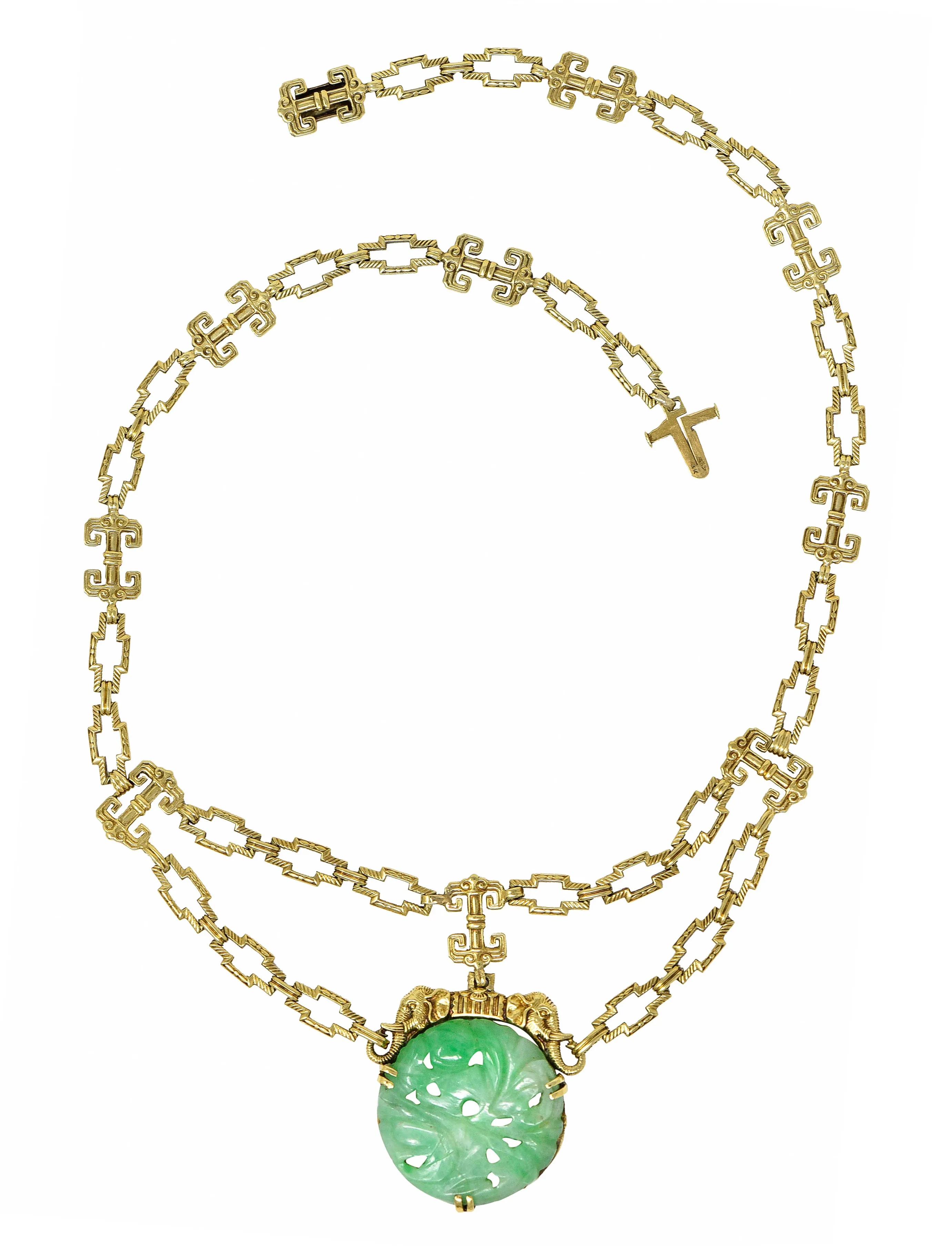 1920's Art Deco Carved Jade 14 Karat Gold Swag Necklace