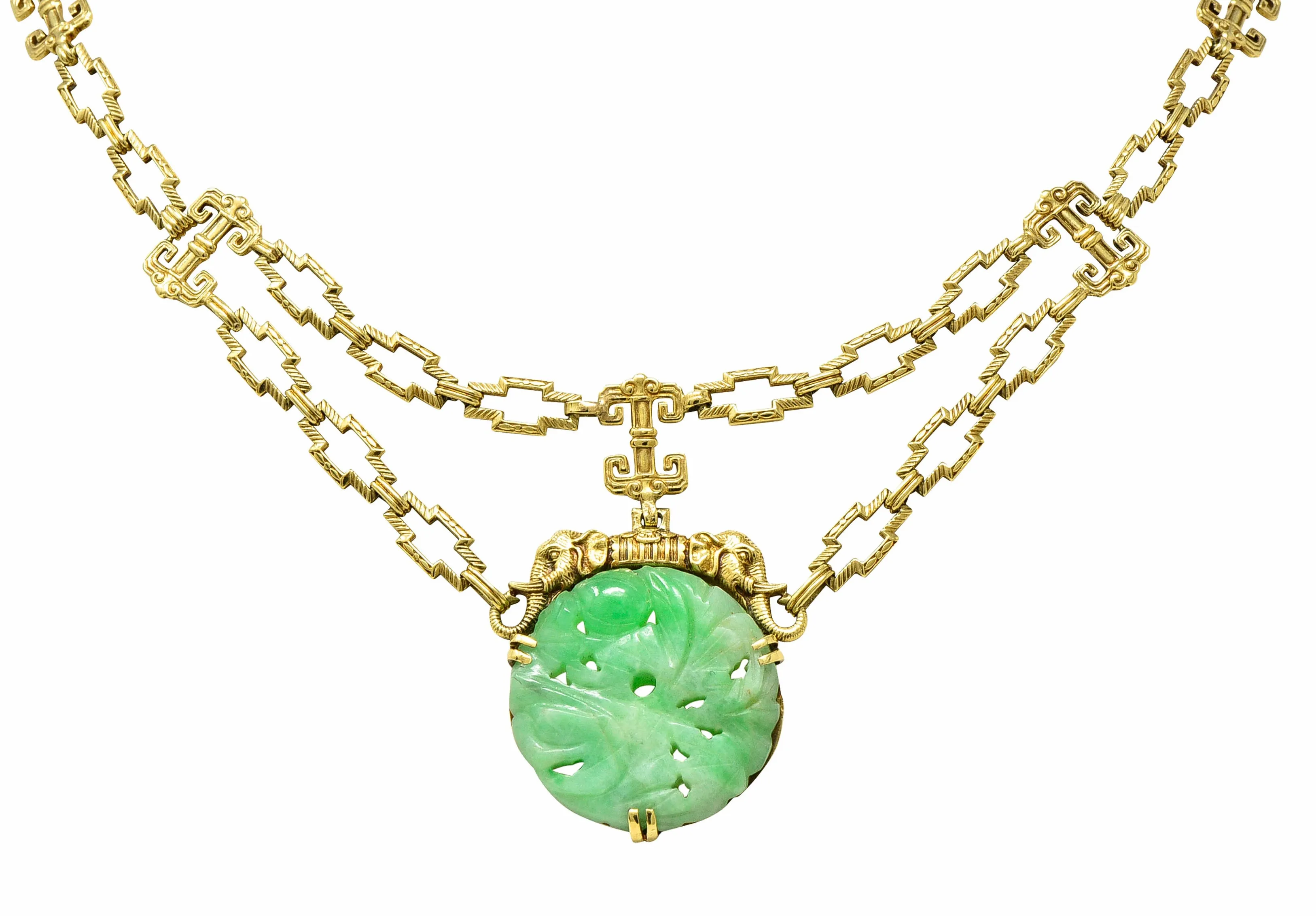 1920's Art Deco Carved Jade 14 Karat Gold Swag Necklace