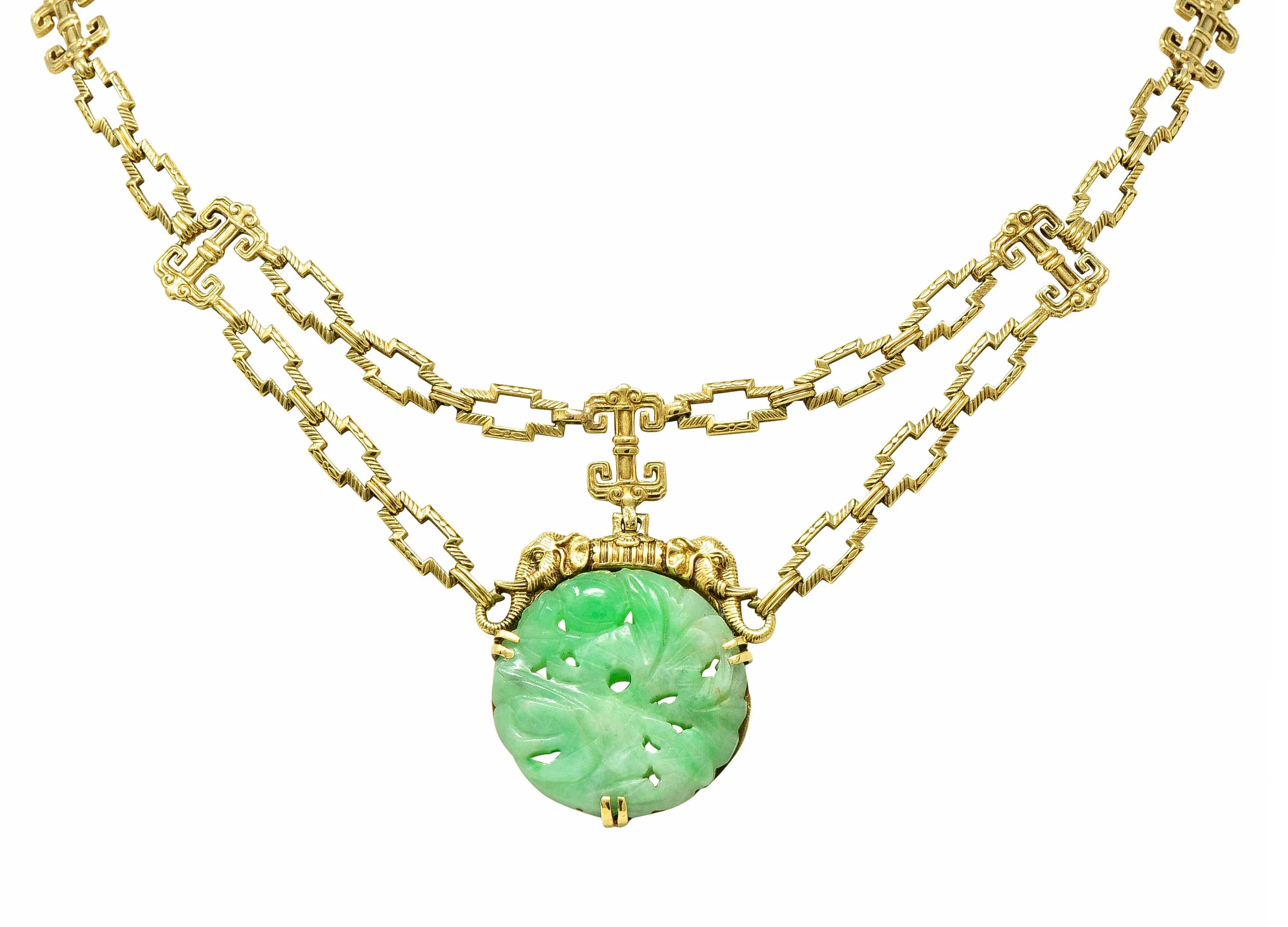 1920's Art Deco Carved Jade 14 Karat Gold Swag Necklace