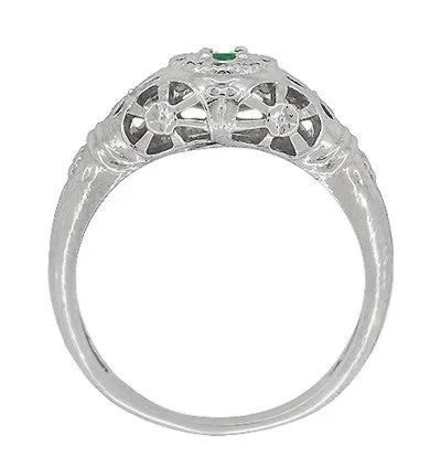 1920's Style Art Deco Low Dome Filigree Emerald Ring in Platinum