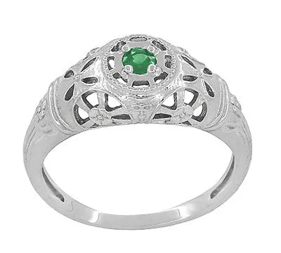 1920's Style Art Deco Low Dome Filigree Emerald Ring in Platinum