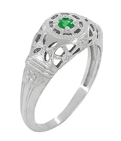 1920's Style Art Deco Low Dome Filigree Emerald Ring in Platinum
