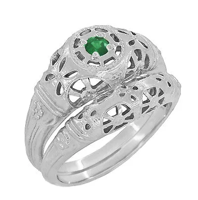 1920's Style Art Deco Low Dome Filigree Emerald Ring in Platinum