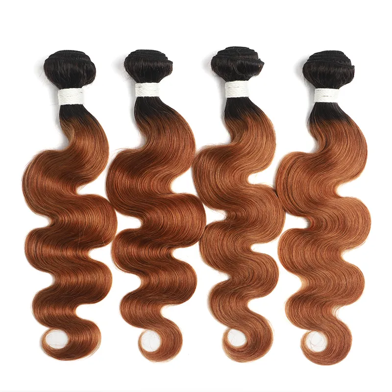 1B/30 Ombre Medium Auburn Black Roots 4 Bundles With 13x4 Lace Frontal 100% Human Hair