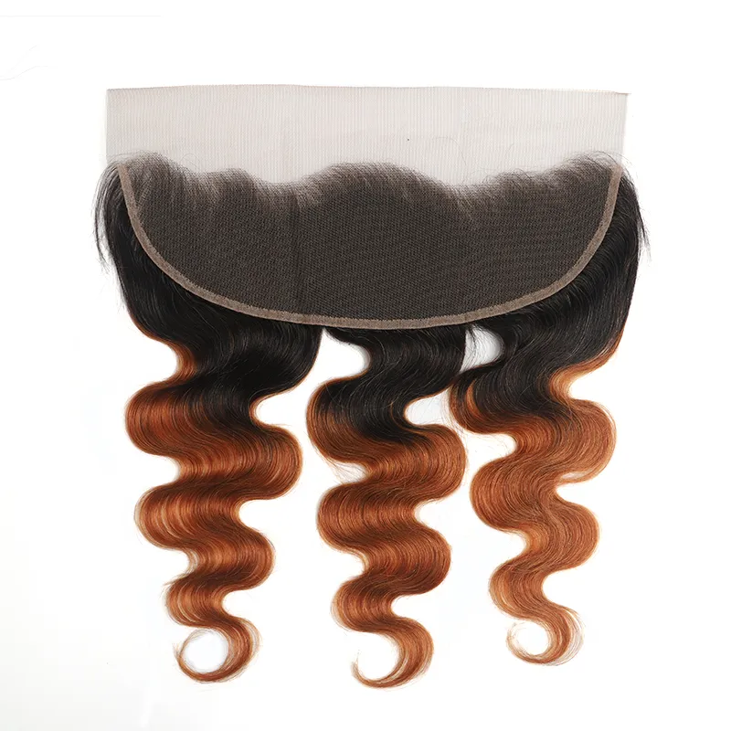 1B/30 Ombre Medium Auburn Black Roots 4 Bundles With 13x4 Lace Frontal 100% Human Hair