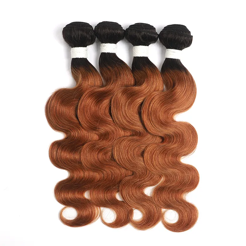 1B/30 Ombre Medium Auburn Black Roots 4 Bundles With 13x4 Lace Frontal 100% Human Hair