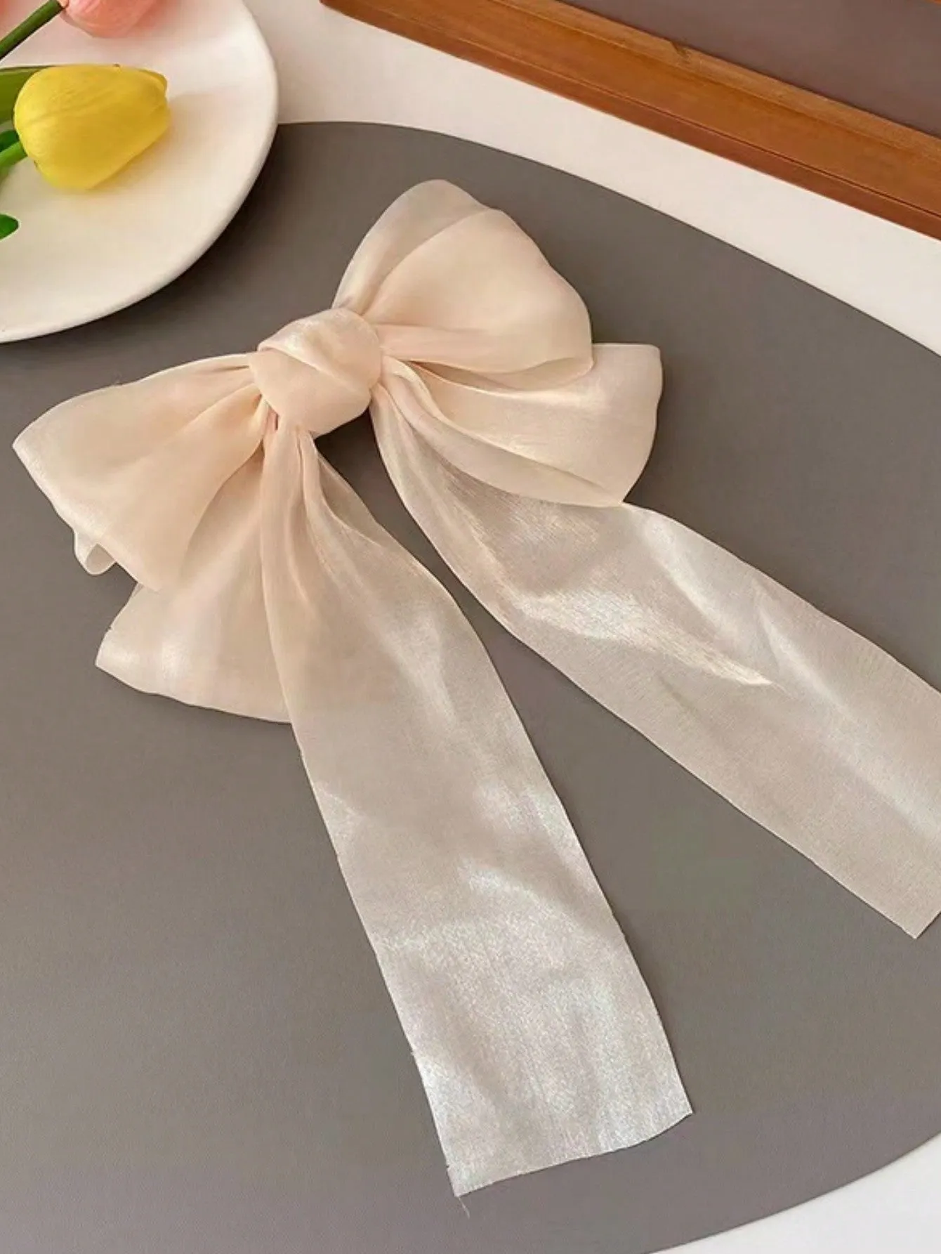 3pcs Cream-Colored Mesh Bow Hair Clip