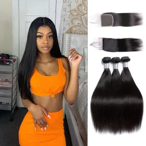 5x5 Closure with 3 Human Hair Weave Bundles 100% Unprocessed Straight Virgin Hair