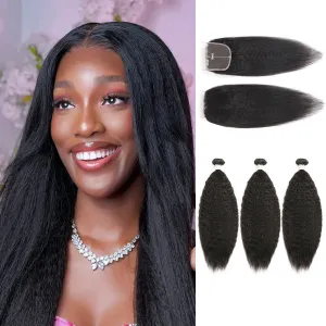 5x5 Closure with Human Hair Weave 3 Bundles Yaki Straight Unprocessed Virgin Hair