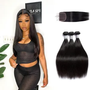 6x6 Closure with 3 Weave Bundles 100% Unprocessed Straight Virgin Human Hair
