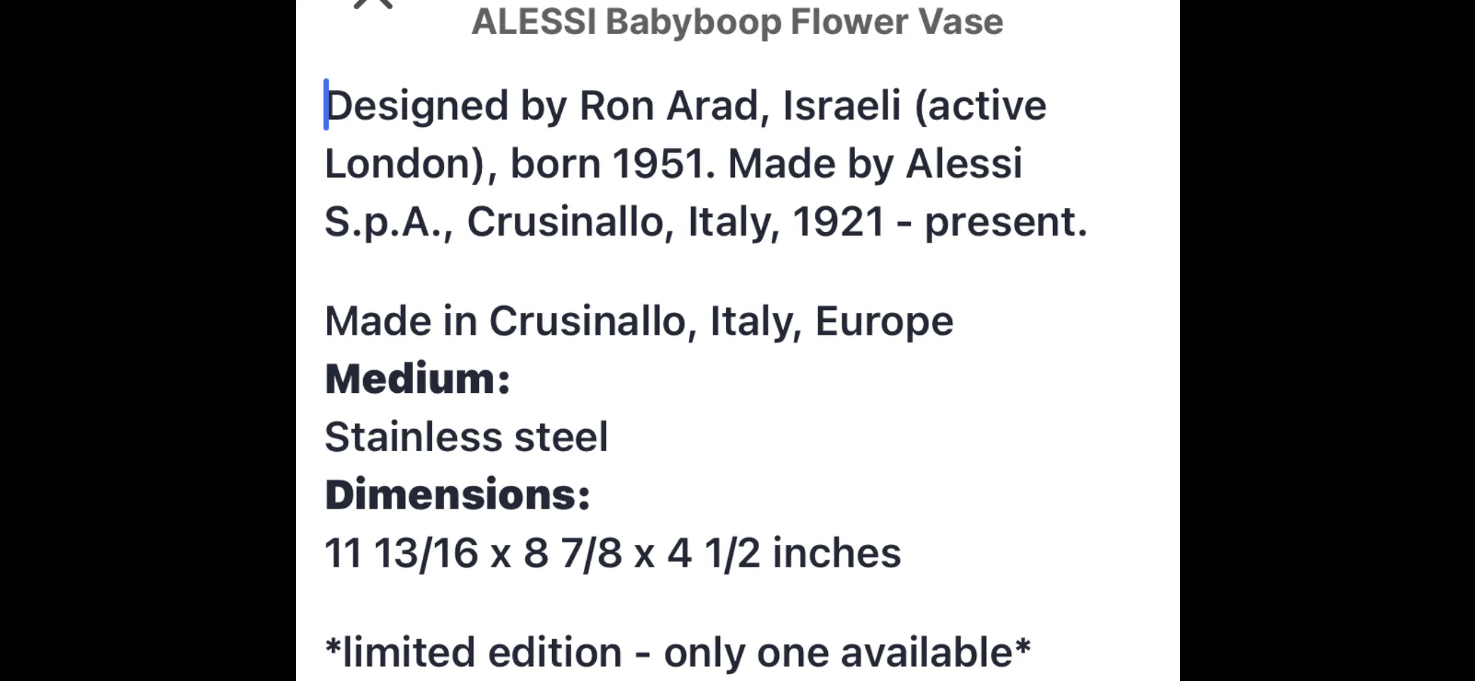 ALESSI Babyboop Vase | Designed by Ron Arad | Out of Production