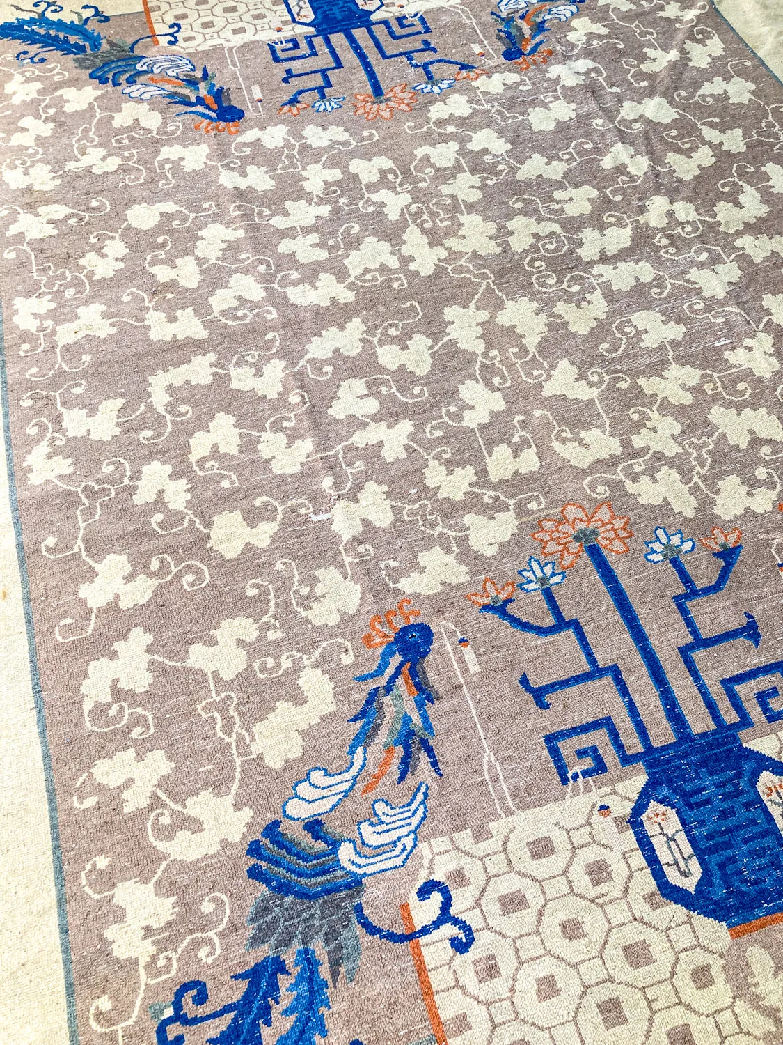Antique 1910s Tan Blue Bird Art Deco Chinese 8x10ft Woven Wool Rug