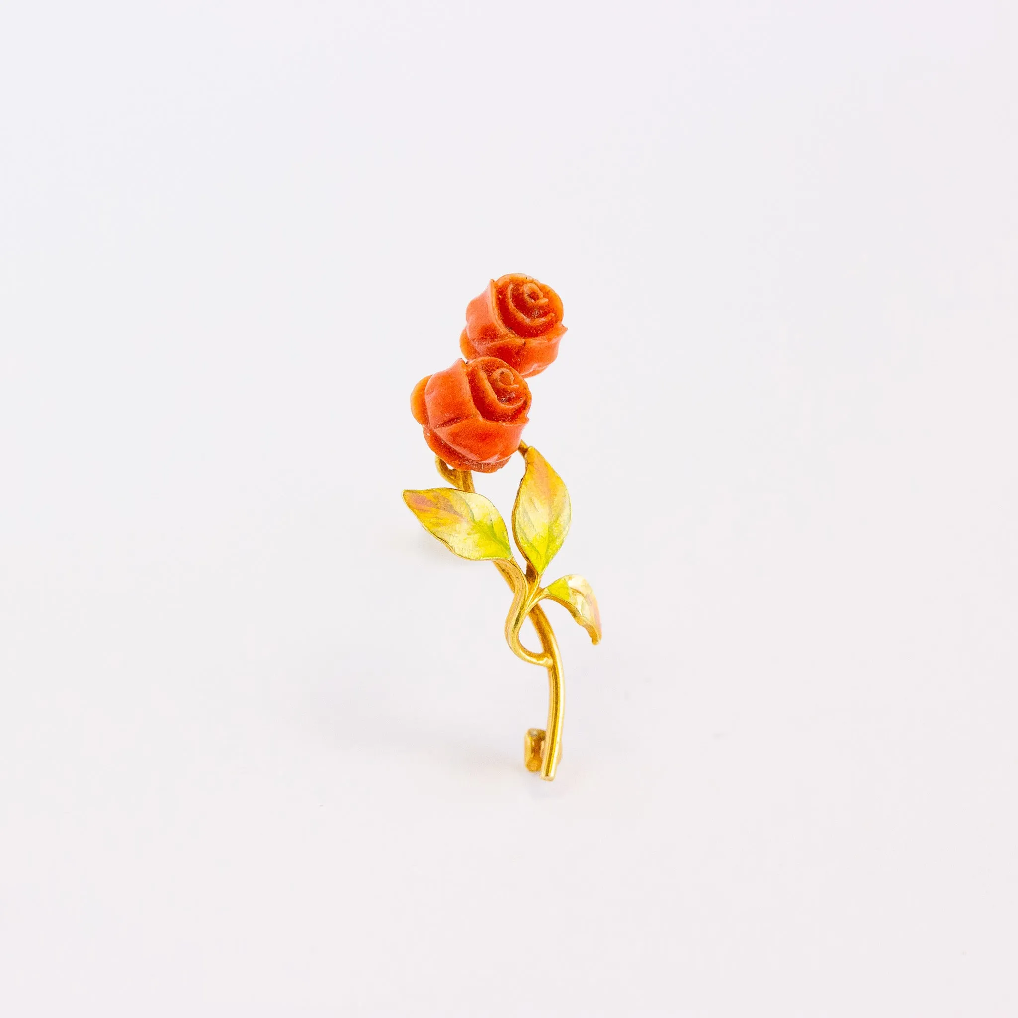 Antique Carved Coral Rose & Enamel Pin, 14k