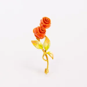 Antique Carved Coral Rose & Enamel Pin, 14k