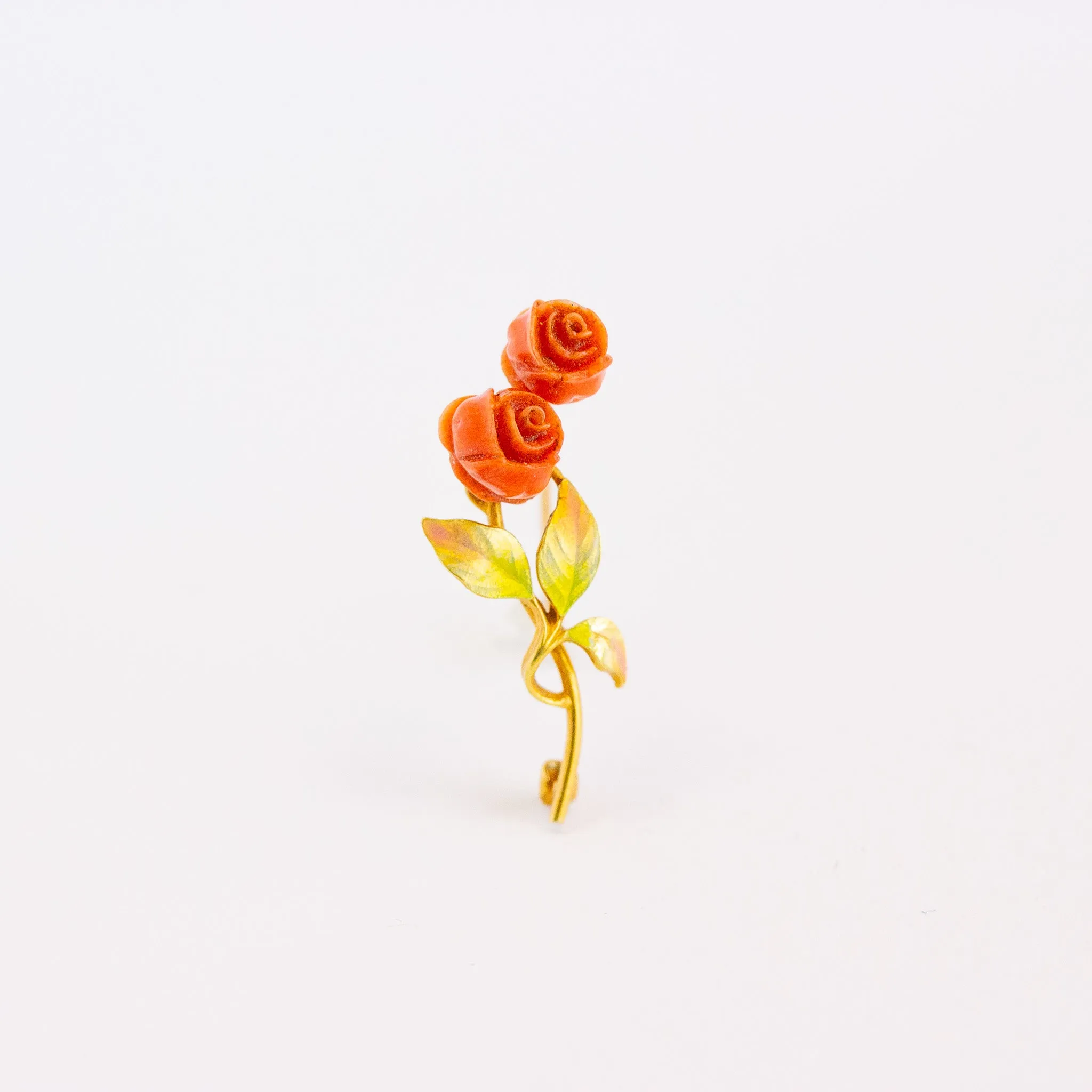 Antique Carved Coral Rose & Enamel Pin, 14k