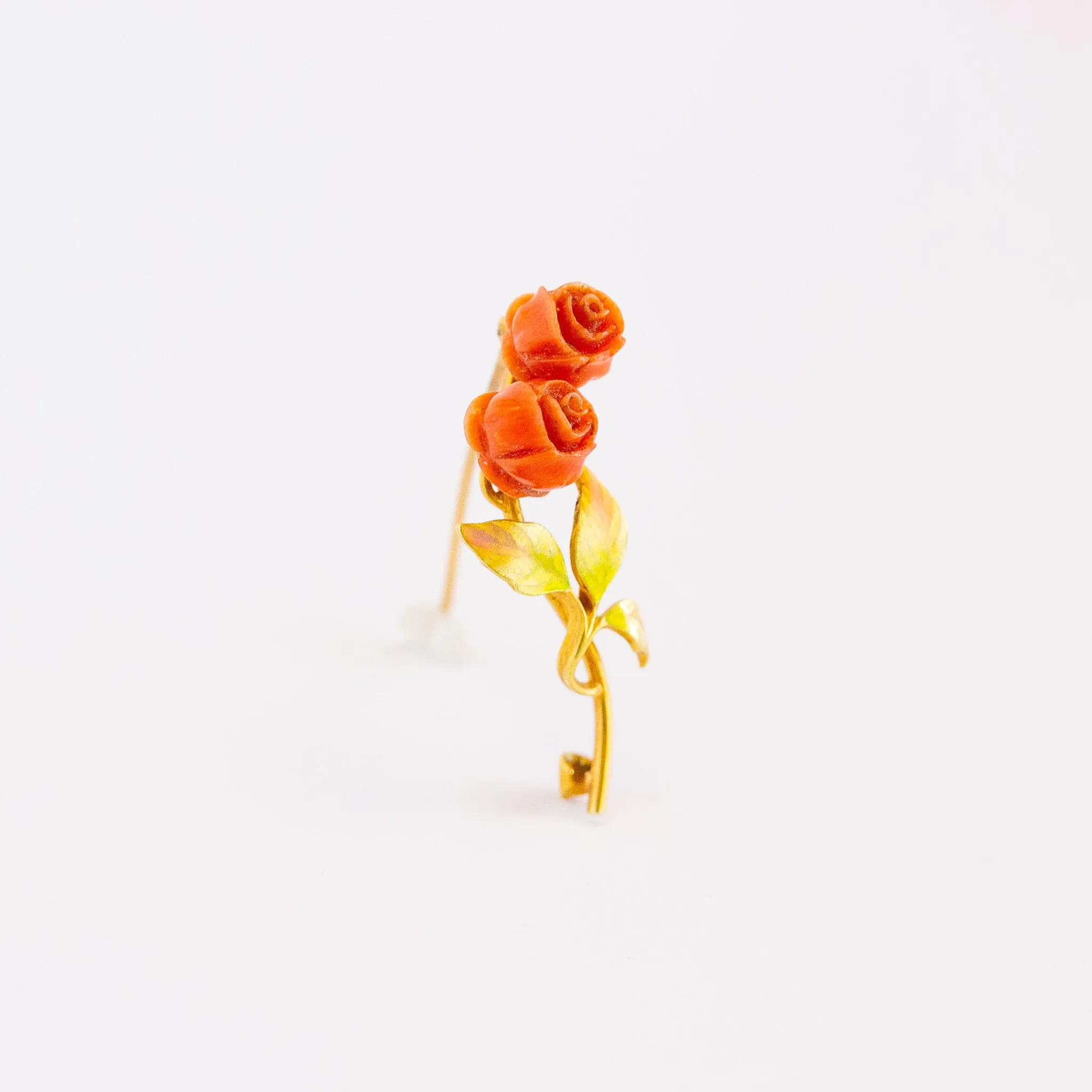 Antique Carved Coral Rose & Enamel Pin, 14k