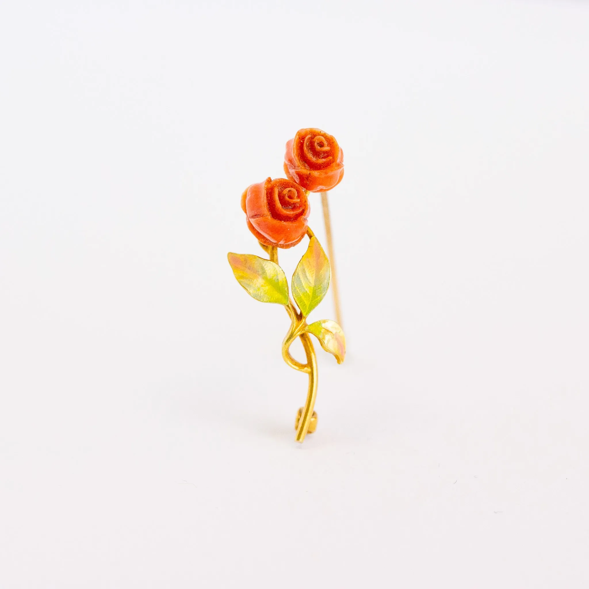 Antique Carved Coral Rose & Enamel Pin, 14k