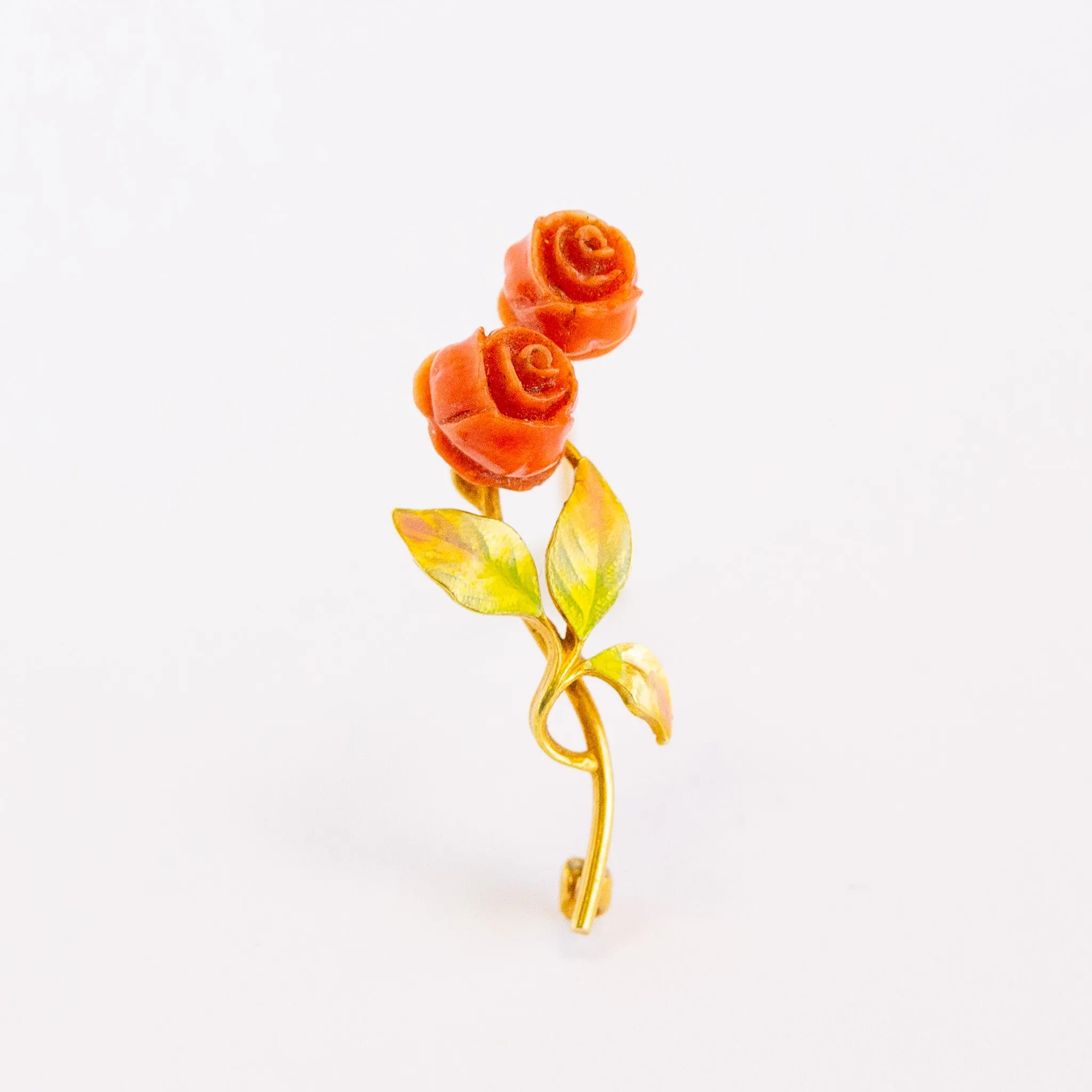 Antique Carved Coral Rose & Enamel Pin, 14k