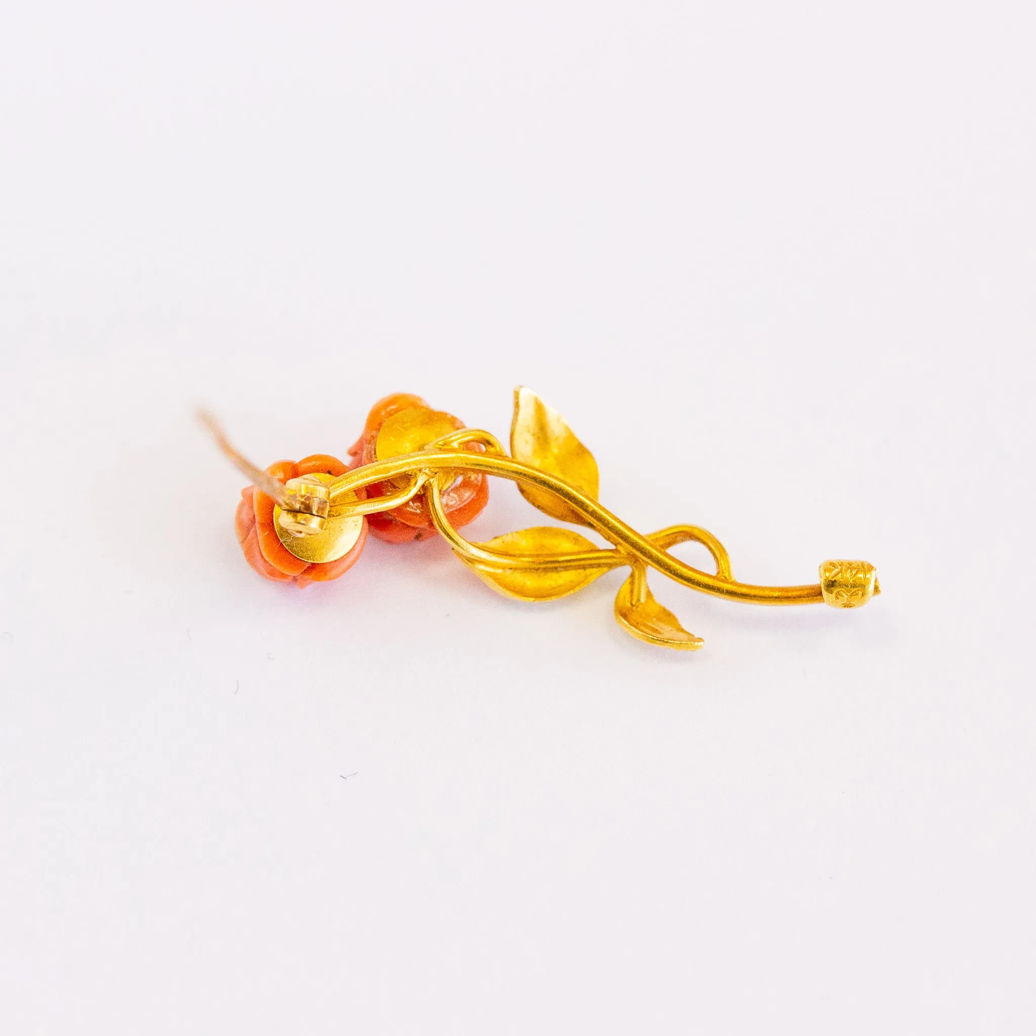 Antique Carved Coral Rose & Enamel Pin, 14k
