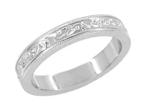 Antique Style Art Deco Flowers and Leaves Millgrain Edged Wedding Band in White Gold - 4mm Wide