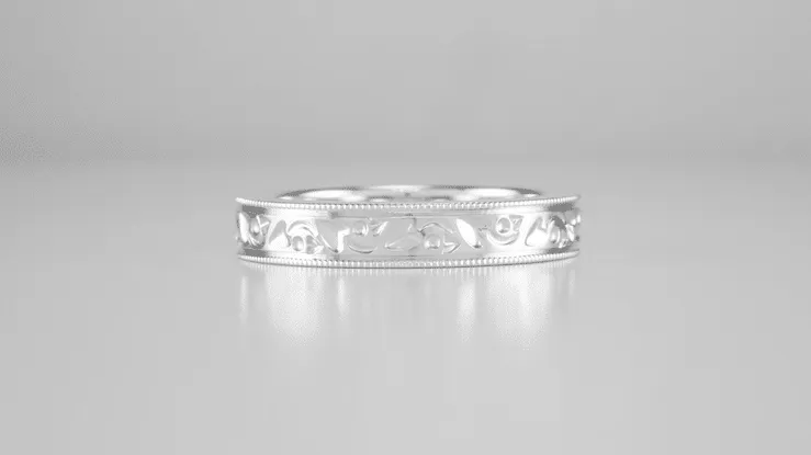 Antique Style Art Deco Flowers and Leaves Millgrain Edged Wedding Band in White Gold - 4mm Wide