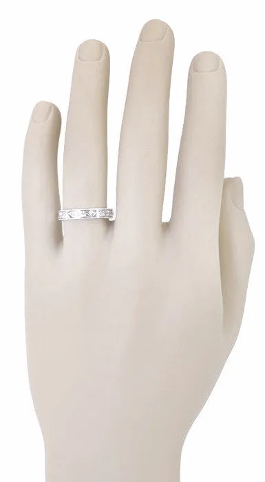 Antique Style Art Deco Flowers and Leaves Millgrain Edged Wedding Band in White Gold - 4mm Wide