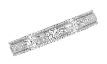 Antique Style Art Deco Flowers and Leaves Millgrain Edged Wedding Band in White Gold - 4mm Wide