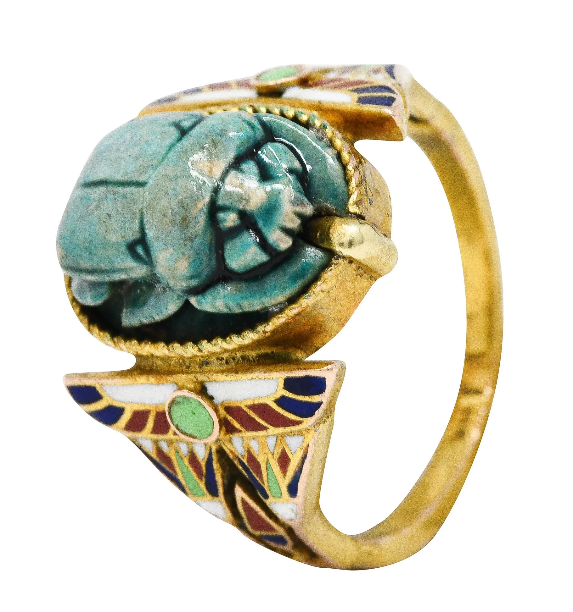 Art Deco Egyptian Revival Enamel Hardstone 14 Karat Gold Scarab Ring