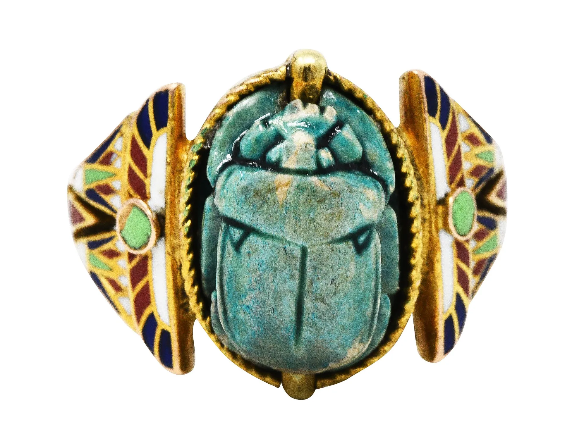 Art Deco Egyptian Revival Enamel Hardstone 14 Karat Gold Scarab Ring