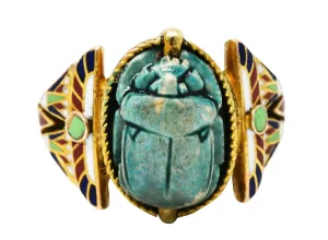 Art Deco Egyptian Revival Enamel Hardstone 14 Karat Gold Scarab Ring