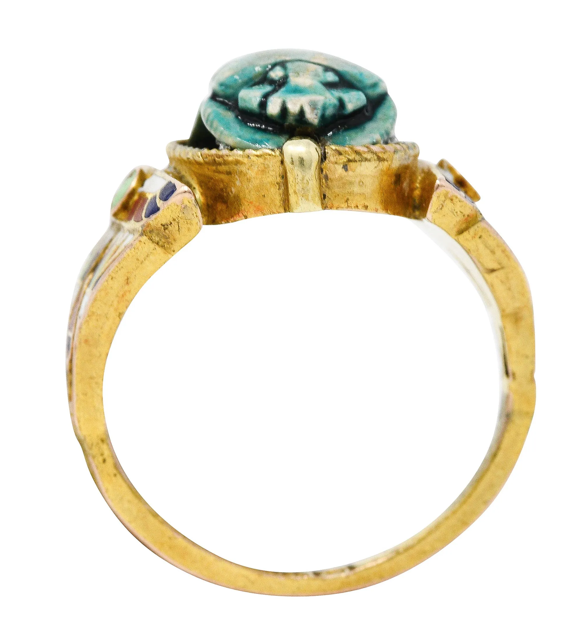 Art Deco Egyptian Revival Enamel Hardstone 14 Karat Gold Scarab Ring